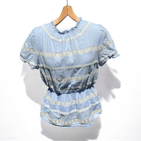 🌻J. Crew Daisy-chain Blue Peplum Short Sleeve Top w White Embroidery Size M - Picture 3 of 10